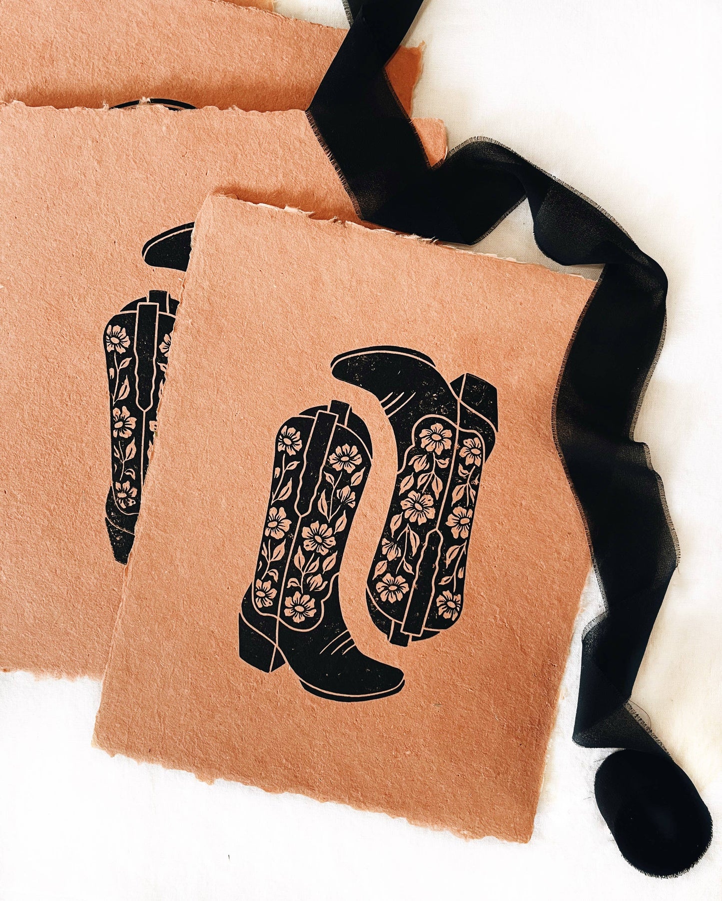 8x10 Cowboy Boots Floral Block Print on Handmade Paper