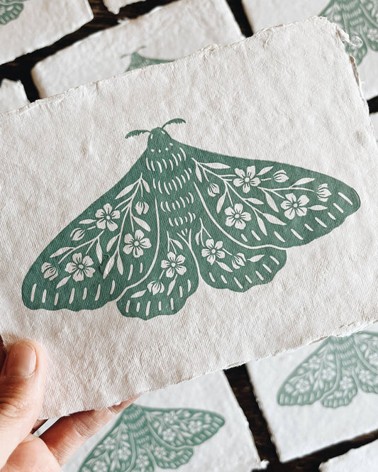 5x7 Seafoam Floral Moth Block Print on Handmade Paper