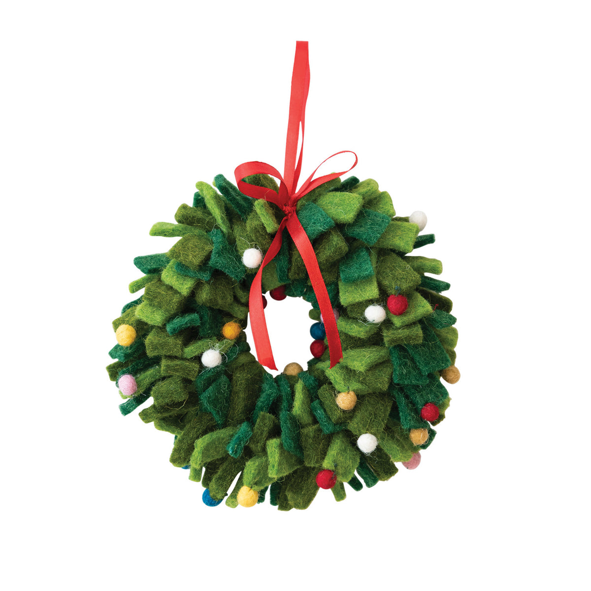 7" Round Handmade Wool Felt Wreath Ornament w/ Multi Color Pom Poms, Green