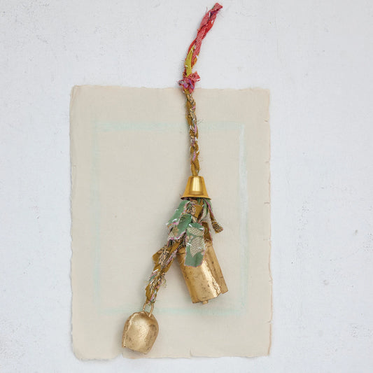 Handmade Door Hanger with Vintage Kantha & Metal Bells (Each Will Vary)