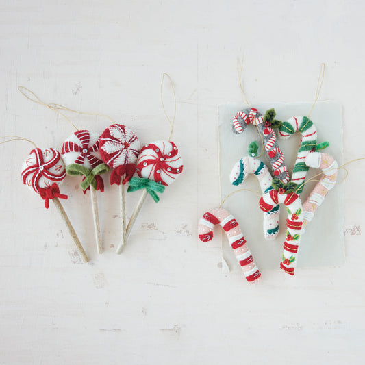 Handmade Wool Felt Candy Cane Ornament with Applique, Embroidery & Beads