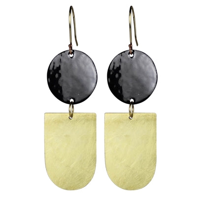Donte Earrings, Circle with Inverted Arch, Black Enamel & Brass