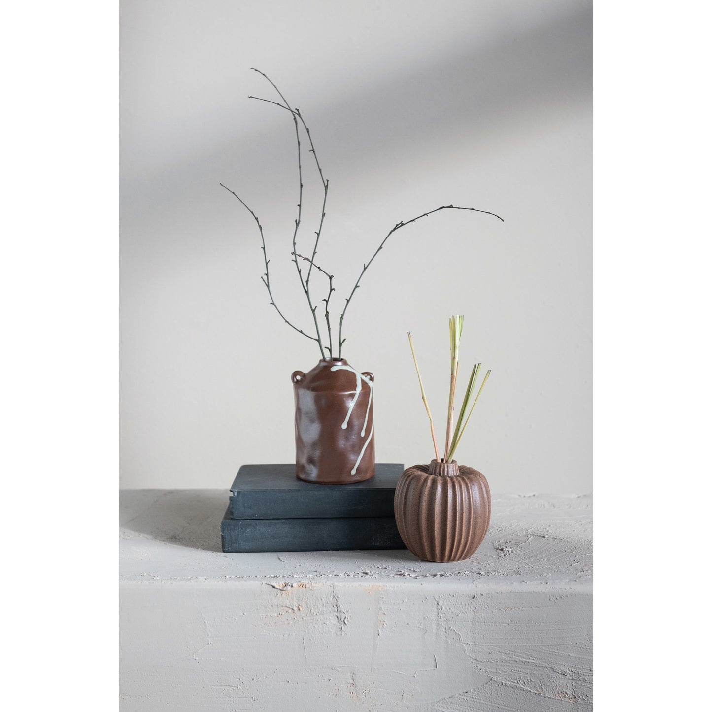 Stoneware Vase, Brown with White Drip Glaze