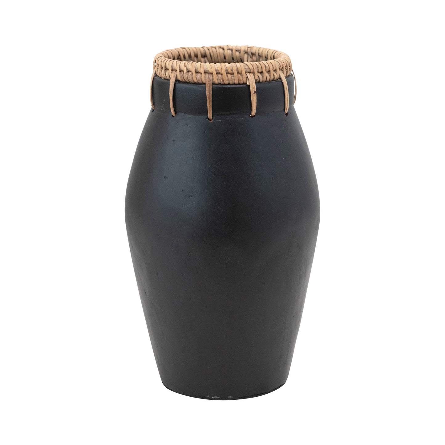 Handmade Terra-cotta Vase w/ Rattan Stitching, Black