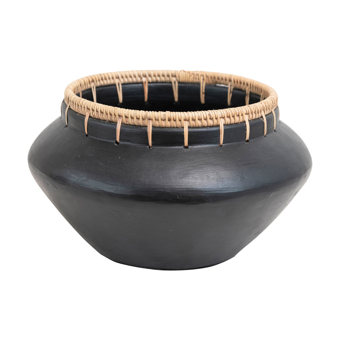 Handmade Terra-cotta Vase w/ Rattan Stitching, Black