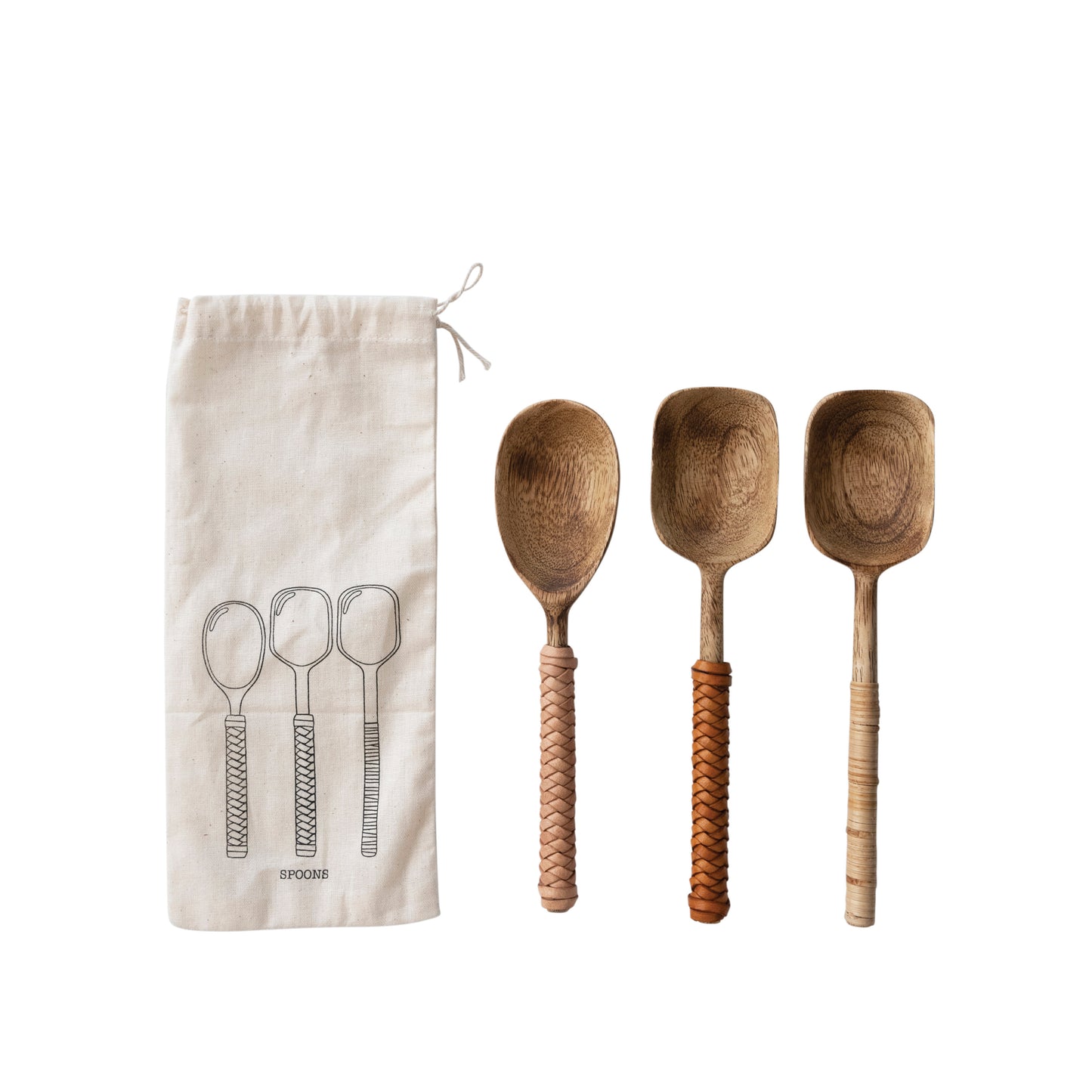 Mango Wood Spoons with Bamboo and Leather Wrapped Handles