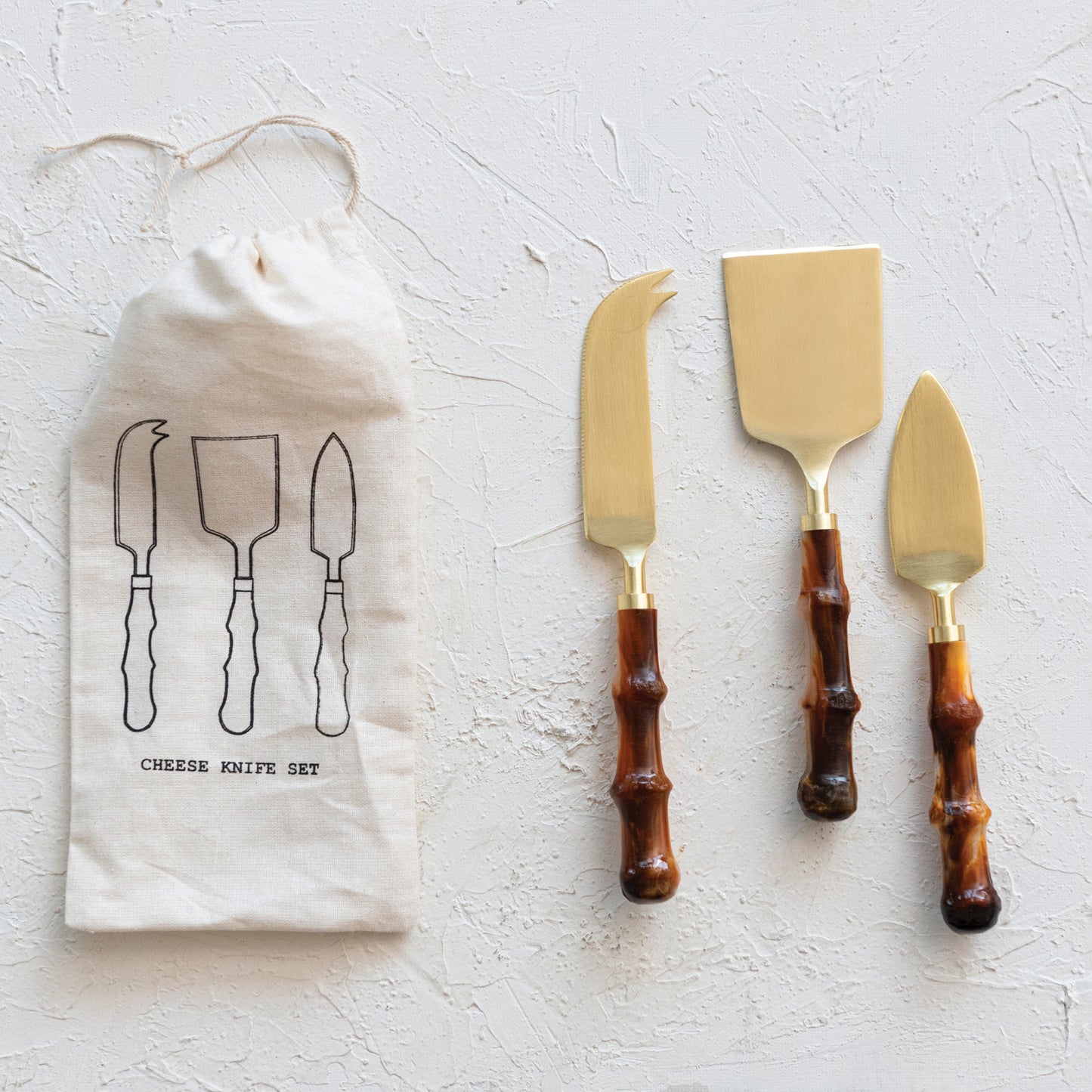Stainless Steel & Resin Cheese Knives w/ Bamboo Shaped Handles, Set of 3 in Drawstring Bag