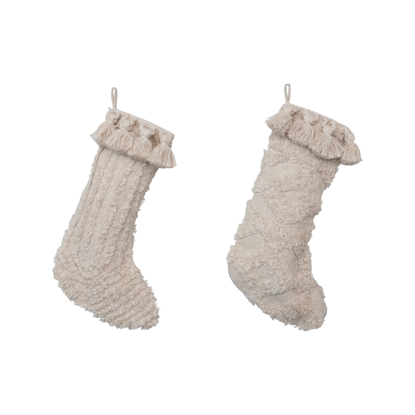 20"H Cotton Slub Holiday Stocking with Tufting and Tassels, Cream Color, 2 Styles