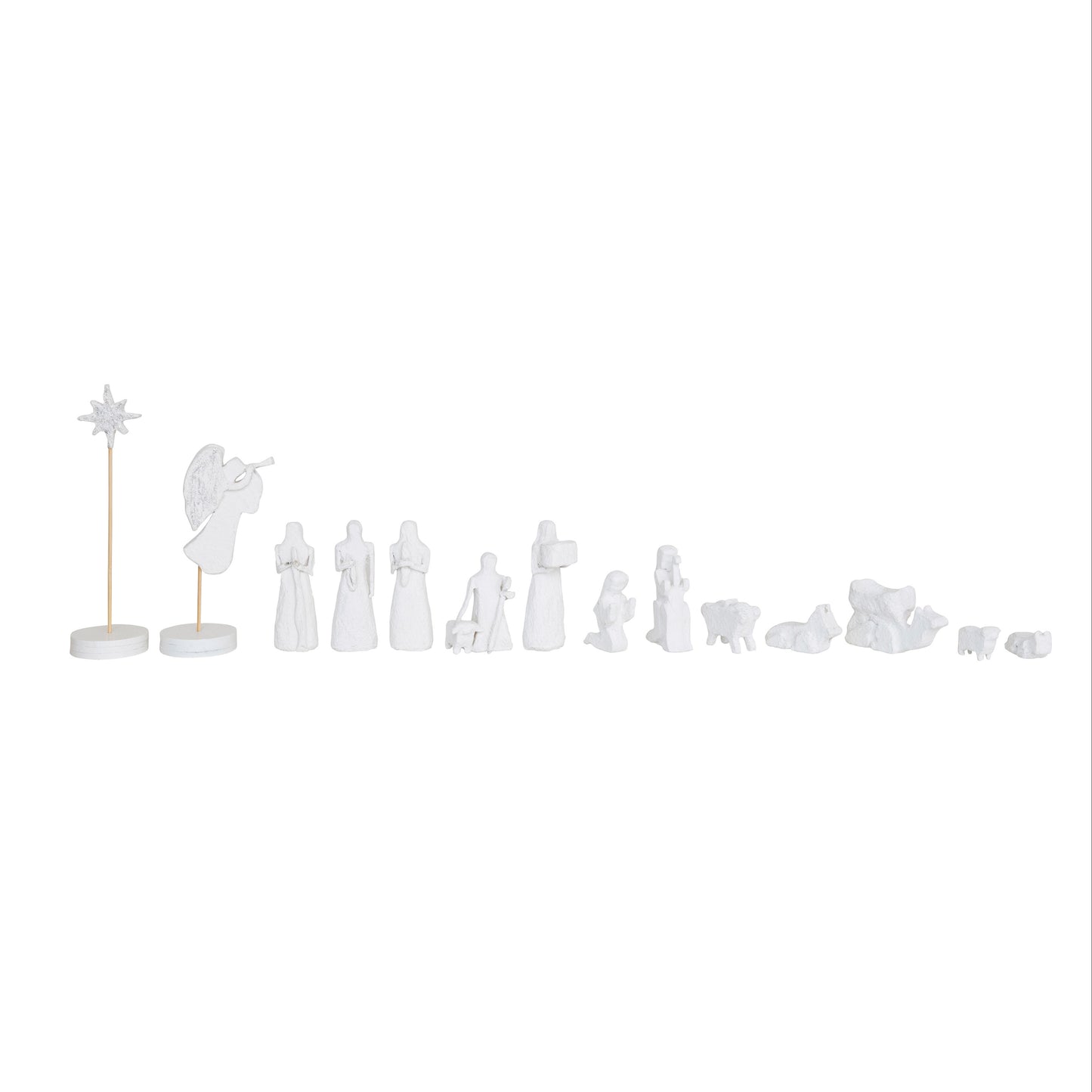 1"H - 10-1/4"H Handmade Paper Mache Nativity, White, Boxed Set of 14