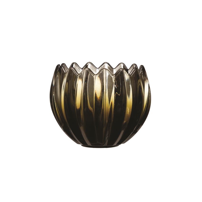 The 5" Round x 4"H Pressed Fluted Glass Tealight/Votive Holder with a Green finish will add a simple sophistication to your home décor. Makes a great gift.