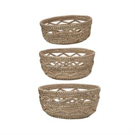 Decorative Hand-Woven Grass Baskets are perfect to keep your jewelry in or add some fruit or your favorite plant. Comes in three sizes. Small: 8.75" Round x 4"H Medium: 9.75" Round x 4.75"H Large: 11.75" Round x 5.5"H