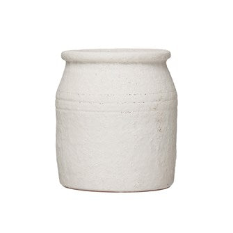 6-1/4" Round x 7"H Decorative Coarse Terra-cotta Crock, Distressed White Volcano Glaze