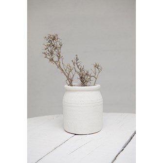 6-1/4" Round x 7"H Decorative Coarse Terra-cotta Crock, Distressed White Volcano Glaze