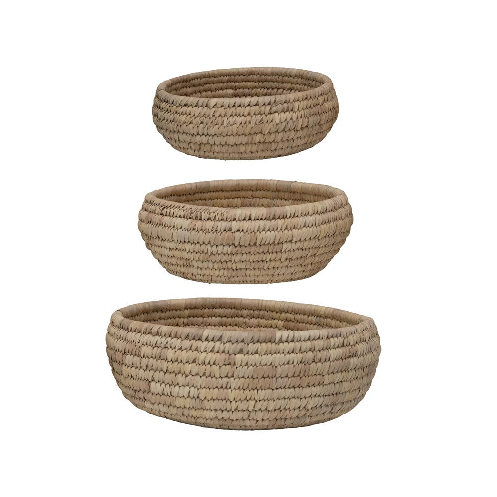 The Grass & Date Leaf Baskets make a wonderful addition to your décor. Hang on the wall or use to hold your favorite seasonal texture. Small: 12" Round x 5"H Medium: 14" Round x 6"H Large: 16" Round x 5"H
