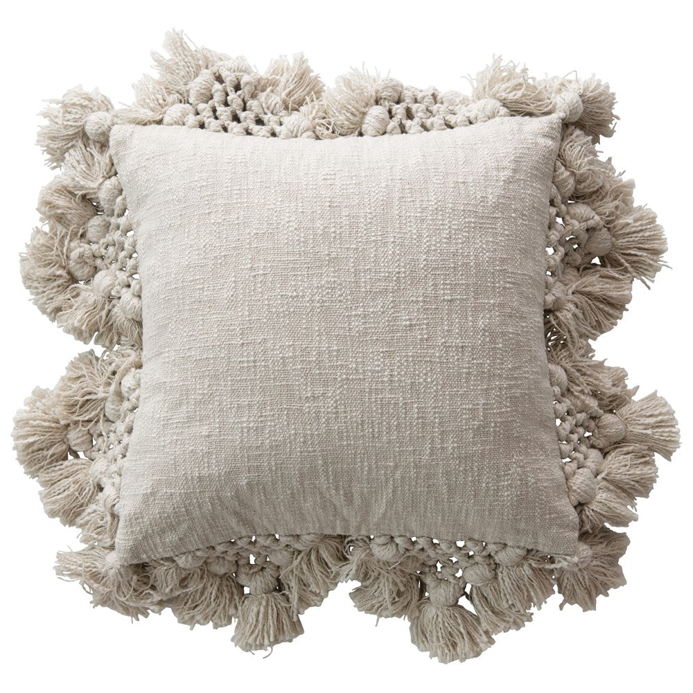 A subtle boho elegance is added to your room with the 18" Square Cotton Slub Pillow with Crochet & Tassels with a Grey color.