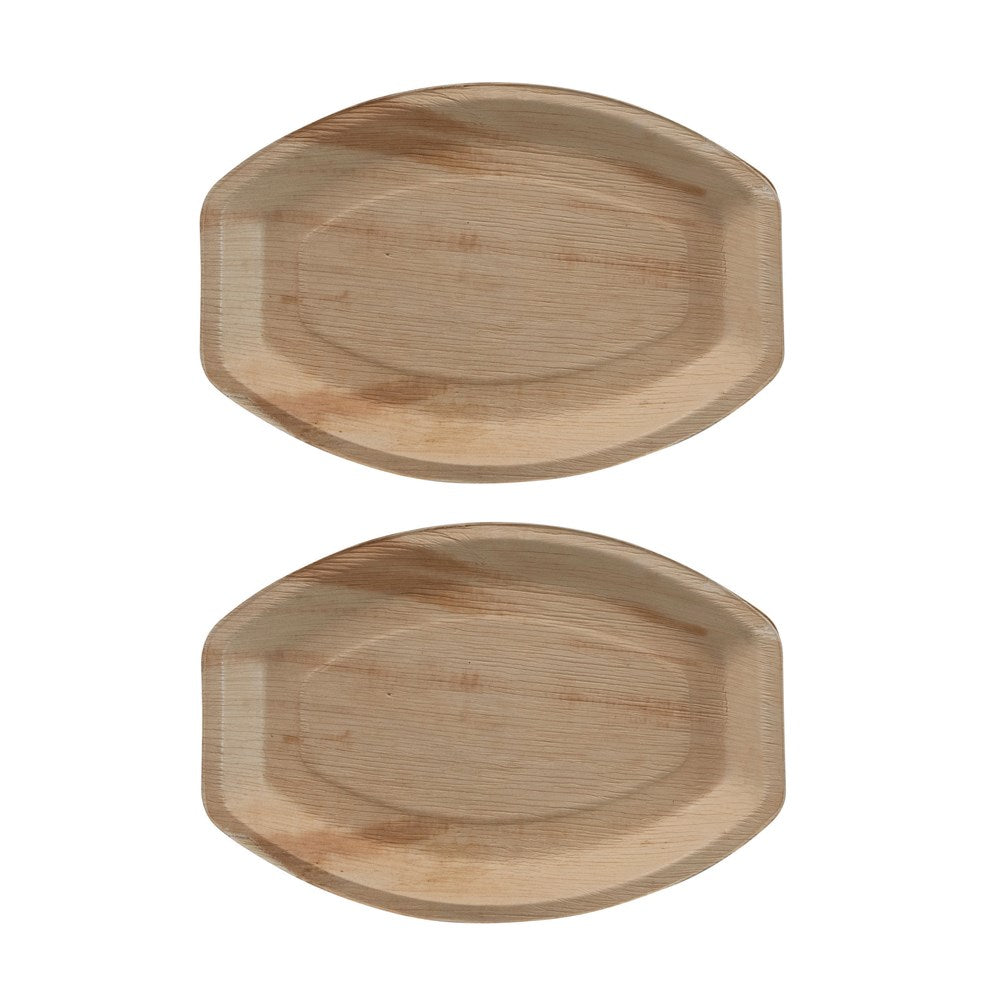 Eco-Friendly and Natural are these 13-1/4"L x 9"W Dried Areca Palm Single Use Plates. They come as a set of 6. Get multiple for your next gathering. Plates are bio-degradable.