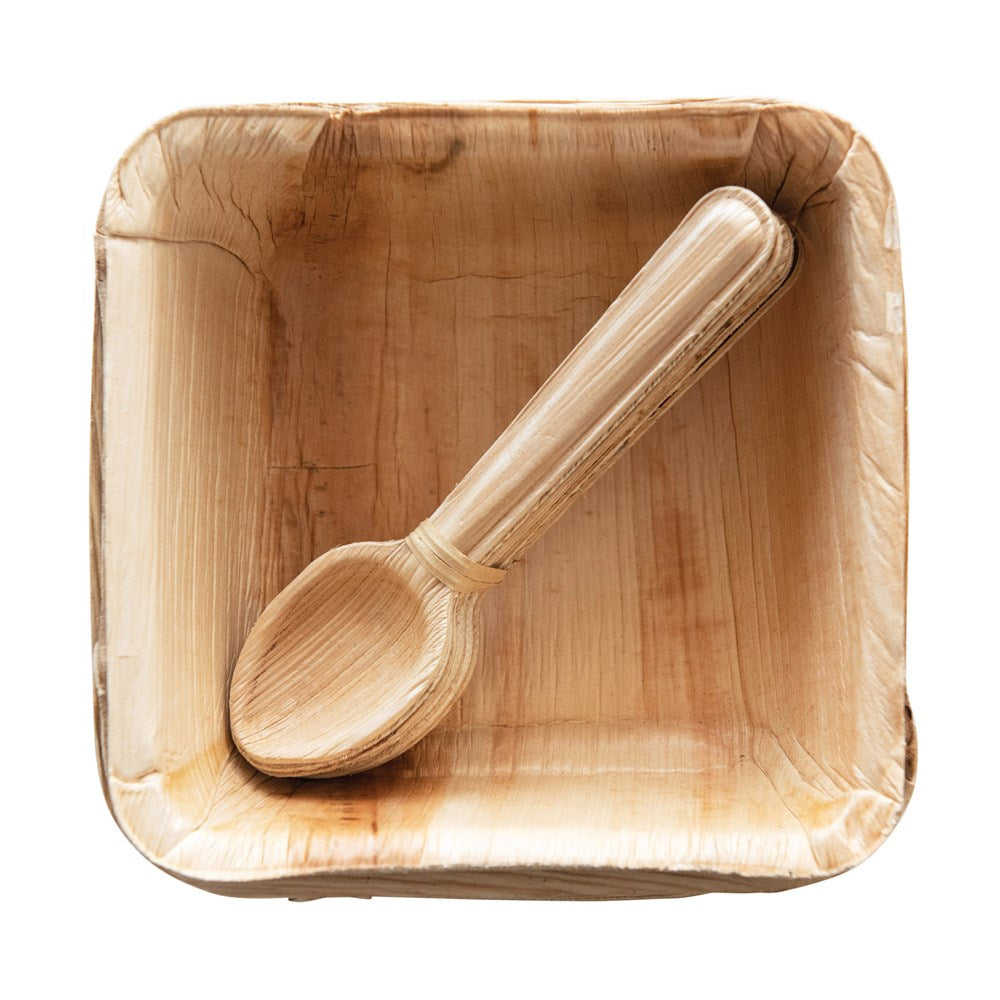 Eco-Friendly and Natural are these 5-1/2" Square Dried Areca Palm Single Use Bowls w/ Spoons. They come as a set of 6. Get multiple for your next gathering. Plates are bio-degradable.
