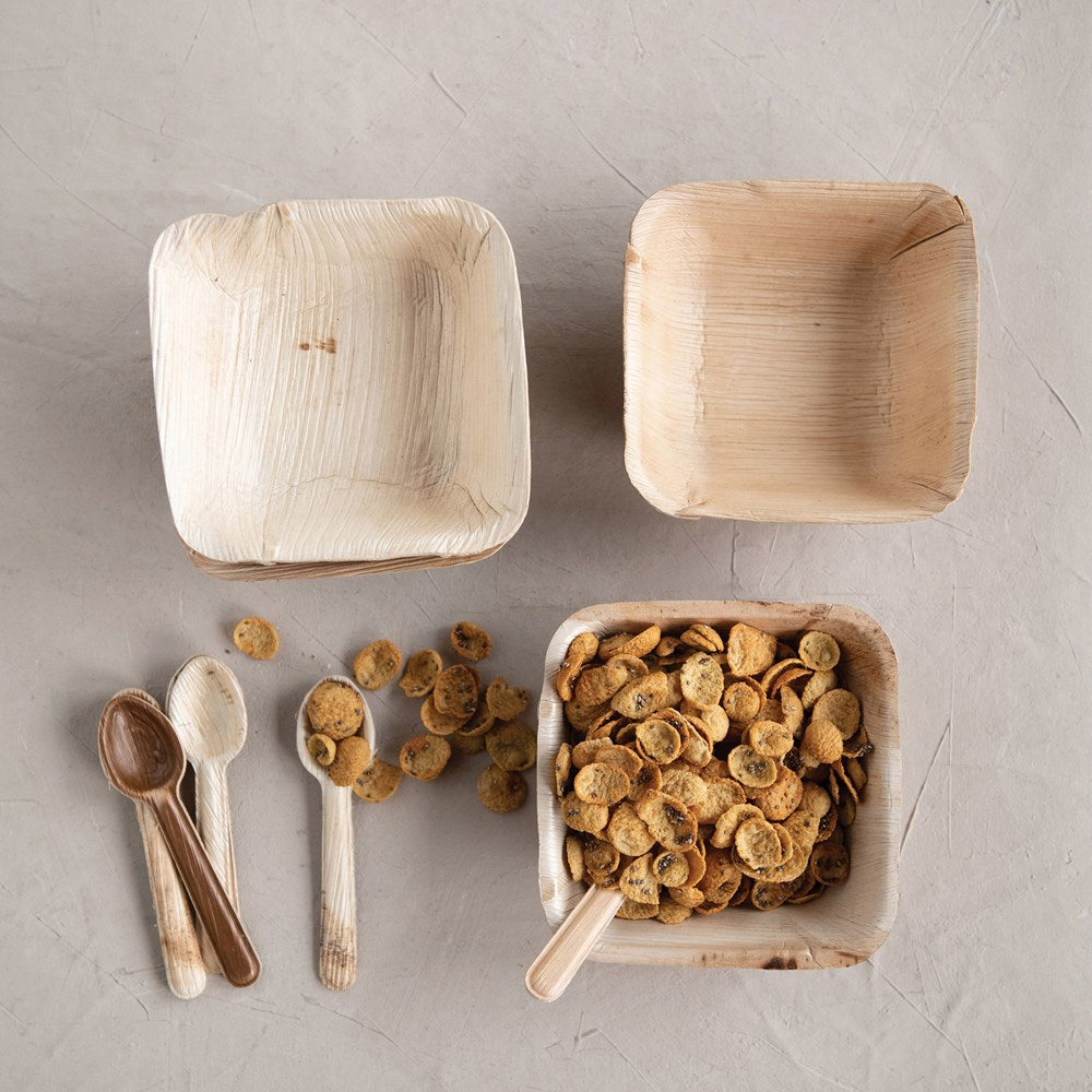 Eco-Friendly and Natural are these 5-1/2" Square Dried Areca Palm Single Use Bowls w/ Spoons. They come as a set of 6. Get multiple for your next gathering. Plates are bio-degradable.