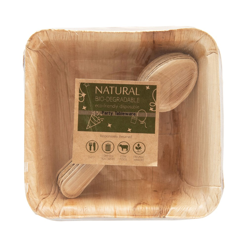 Eco-Friendly and Natural are these 5-1/2" Square Dried Areca Palm Single Use Bowls w/ Spoons. They come as a set of 6. Get multiple for your next gathering. Plates are bio-degradable.