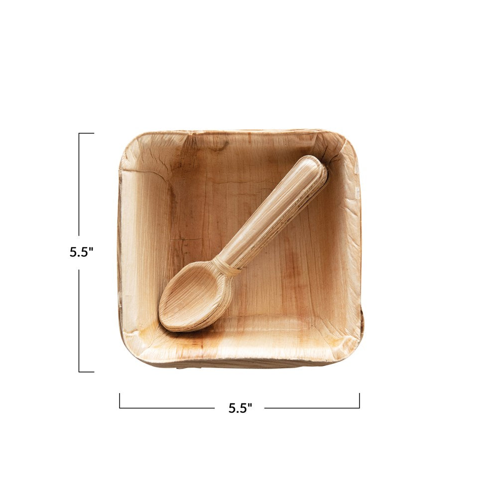 Eco-Friendly and Natural are these 5-1/2" Square Dried Areca Palm Single Use Bowls w/ Spoons. They come as a set of 6. Get multiple for your next gathering. Plates are bio-degradable.