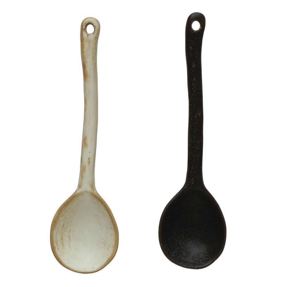 Need a special spoon for serving your favorite spread or dip. This 5-3/4"L Stoneware Spoon with a Reactive Glaze finish in white or black is the perfect choice. Each One Will Vary.