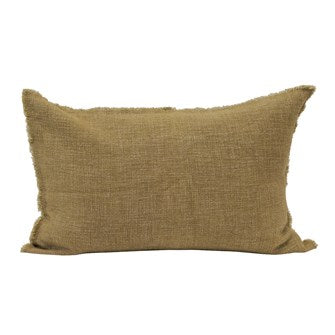 This Olive Color 24"L x 16"H Linen Blend Lumbar Pillow w/ Frayed Edges sets a casual comfort in any room. Add to your favorite chair. Soft and Warm tones.