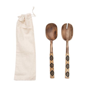 Add a touch of Boho to your next gathering and Kitchen décor with this 10-1/4"L Mango Wood Salad Servers w/ Patterned Rattan Wrapped Handles. Comes as a Set of 2 in Drawstring Bag. Makes a great gift for the friend who loves to cook.