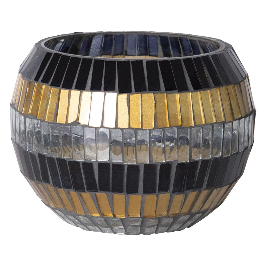 Black & Gold Glass Mosaic Tealight Holder