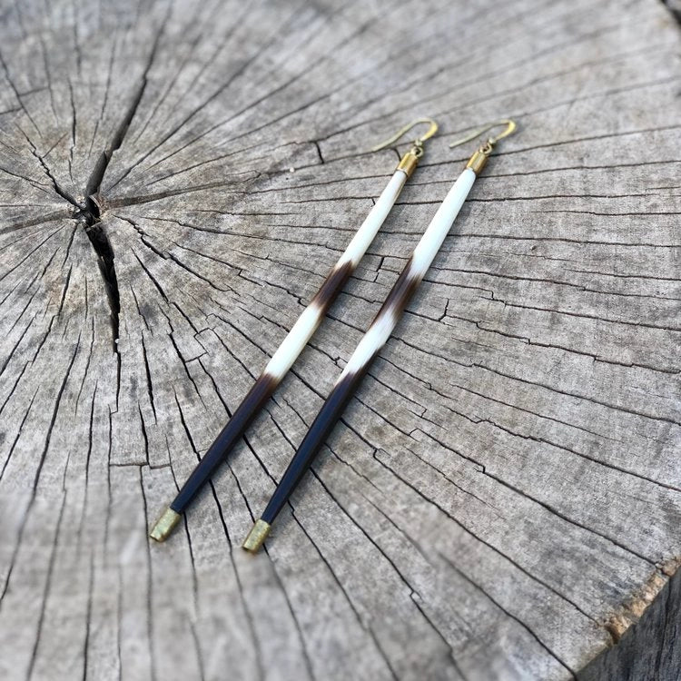 Porcupine Quill Earrings - Long, Black/Brown & Ivory, Brass