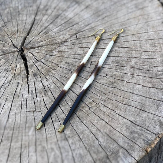 Porcupine Quill Earrings - Long, Black/Brown & Ivory, Brass