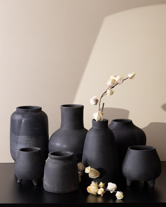 BLACK TERRACOTA BOTTLE VASE - BLACK