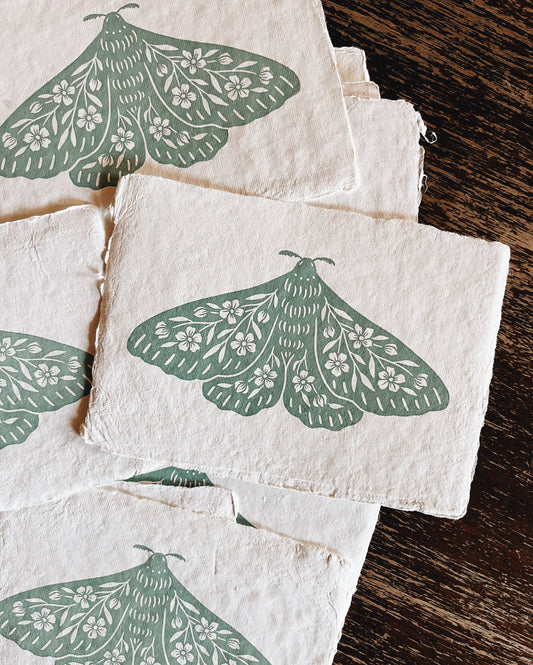 5x7 Seafoam Floral Moth Block Print on Handmade Paper