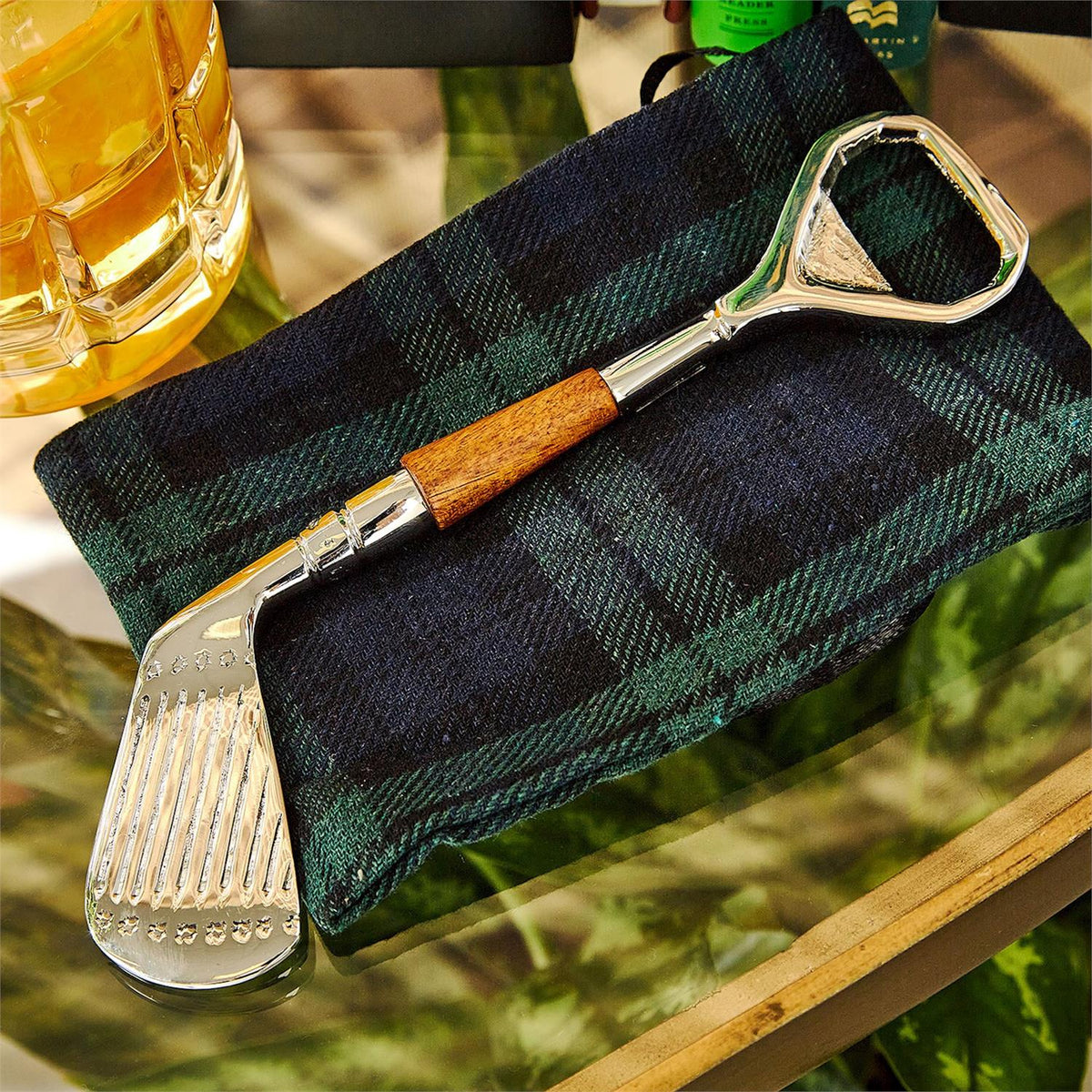 Golf Club Bottle Opener in Plaid Gift Pouch - Brass/Mango Wood