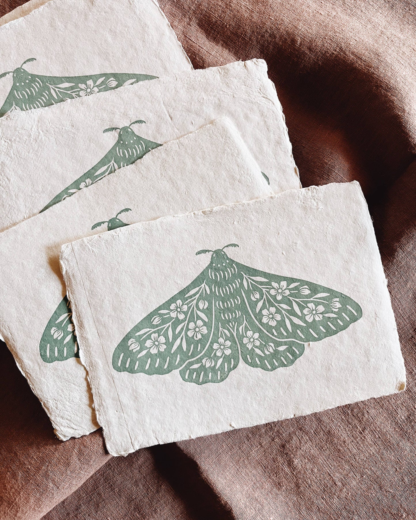 5x7 Seafoam Floral Moth Block Print on Handmade Paper