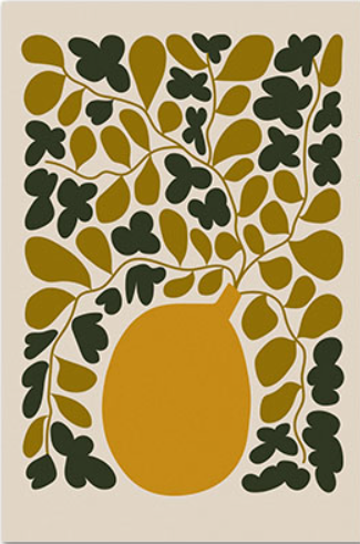 Abstract Mustard Vase w/ Botanicals Artwork