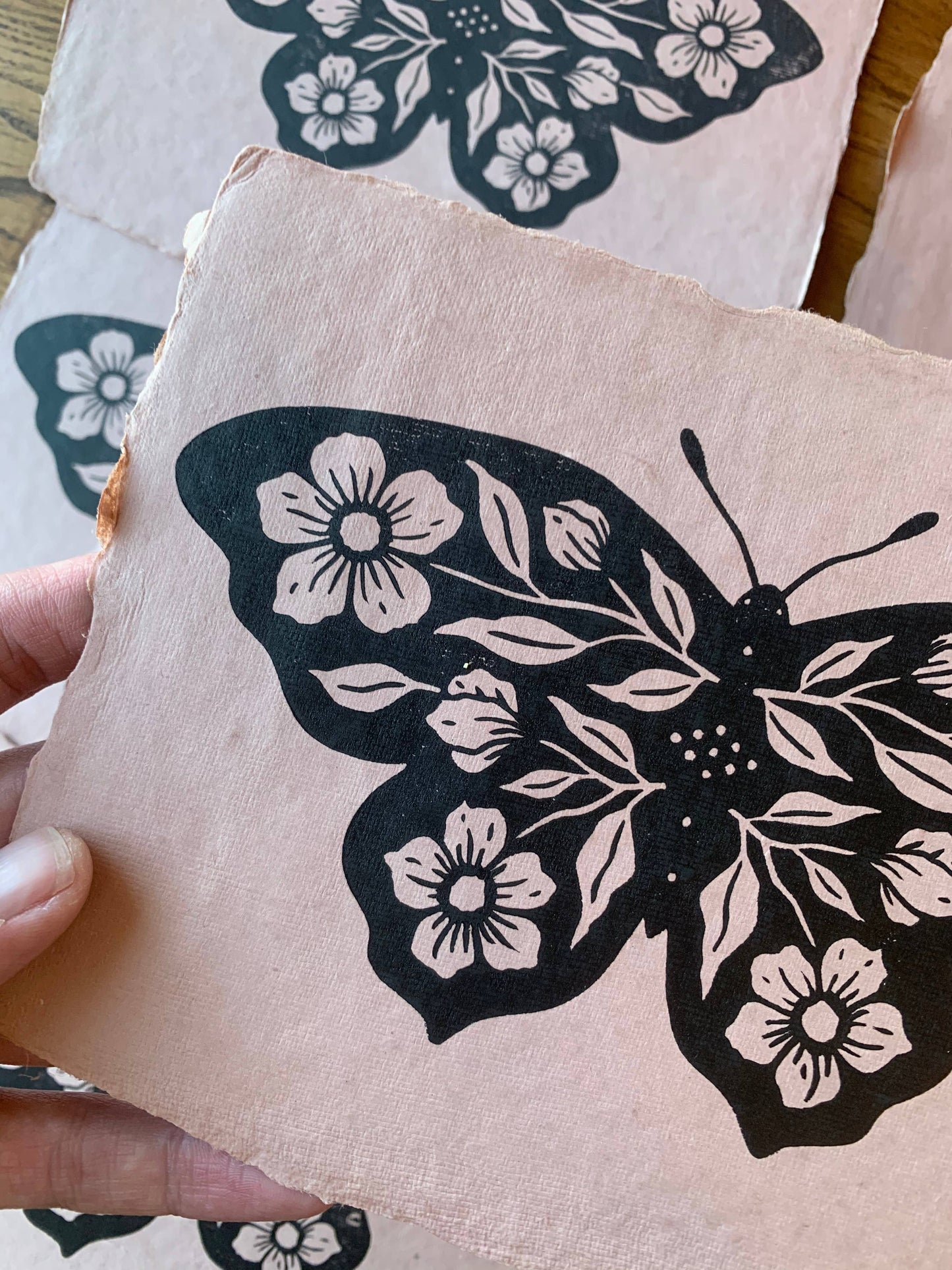 5.5x8.25 Floral Butterfly Block Print on Rose Handmade Paper