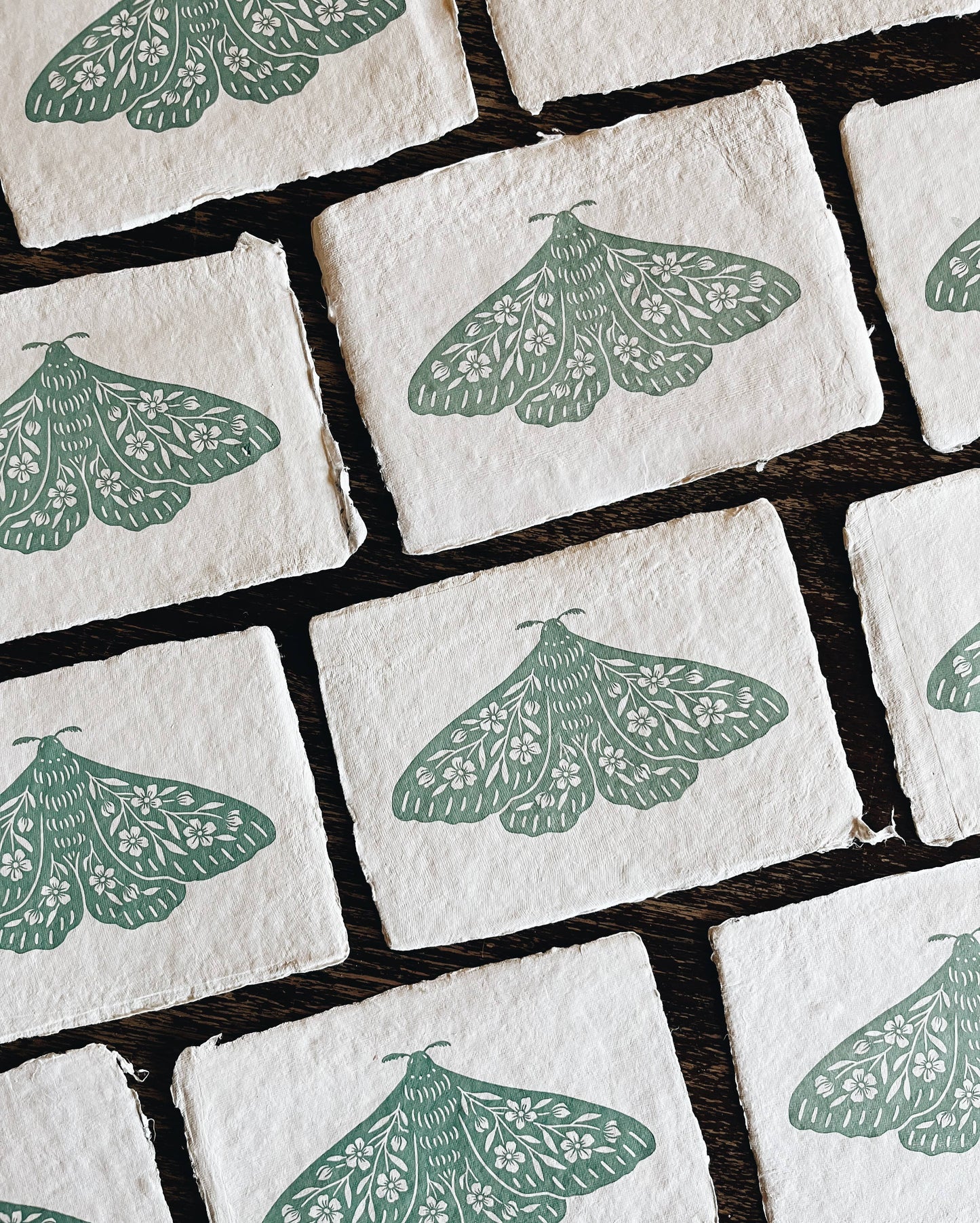 5x7 Seafoam Floral Moth Block Print on Handmade Paper