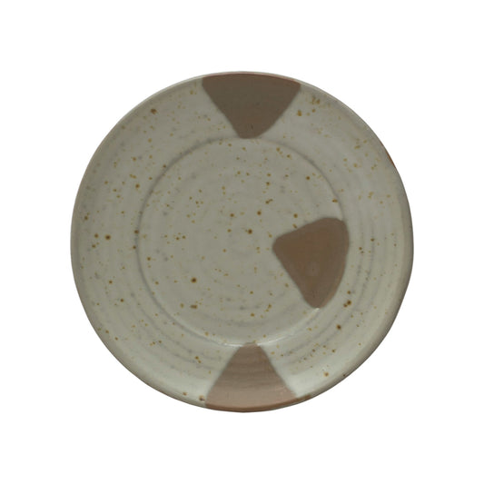 Stoneware Plate w/ Geometric Pattern, Reactive Glaze