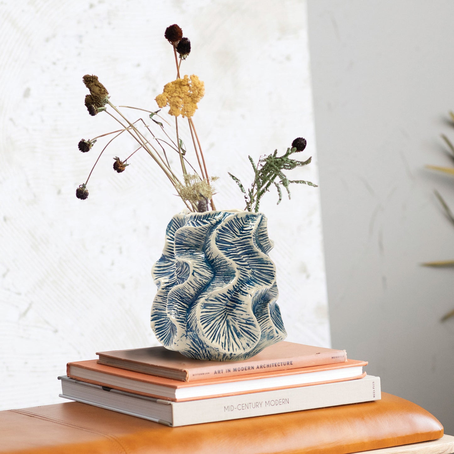 Textured Stoneware Organic Shaped Vase, Reactive Glaze, Blue (Each One Will Vary)