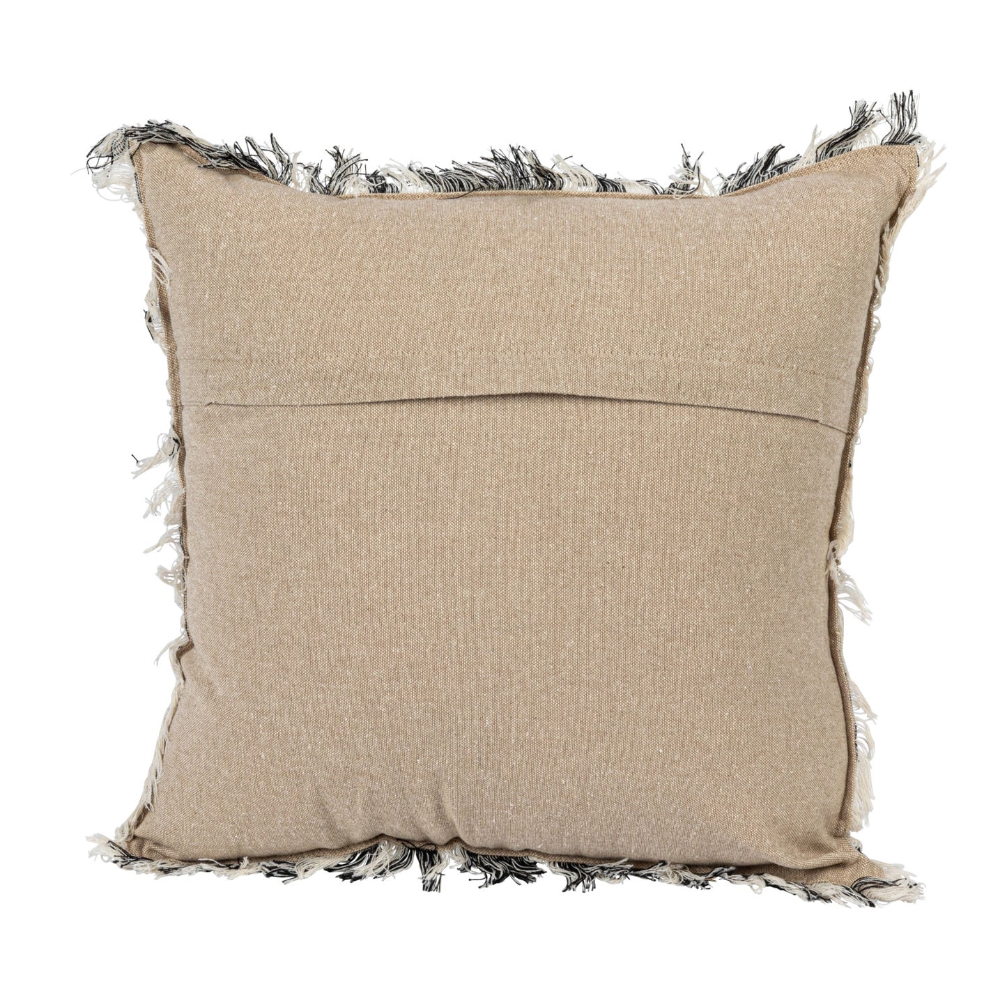 Square Woven Cotton Pillow w/ Geometric Pattern, Chambray Back & Fringe