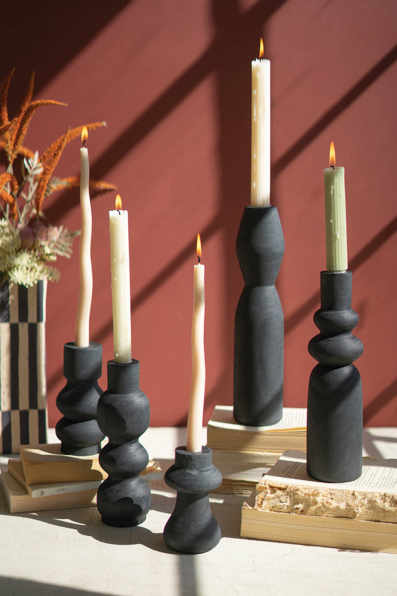 Carved Black Wooden Taper Candle Holders