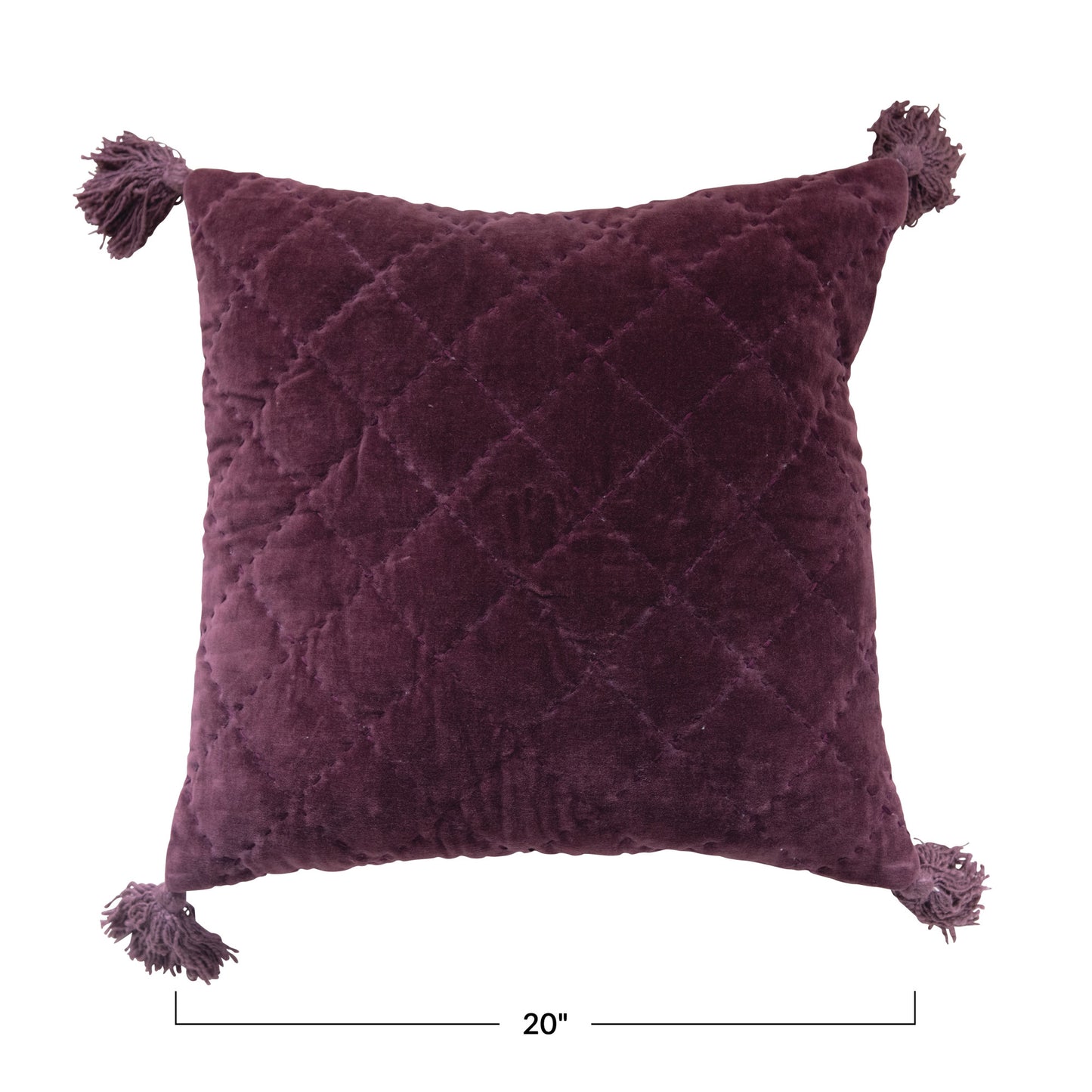 20" Quilted Cotton Velvet Pillow with Tassels, Plum