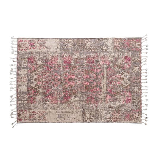 Woven Cotton Distressed Print Rug with Braided Fringe 4 x 6