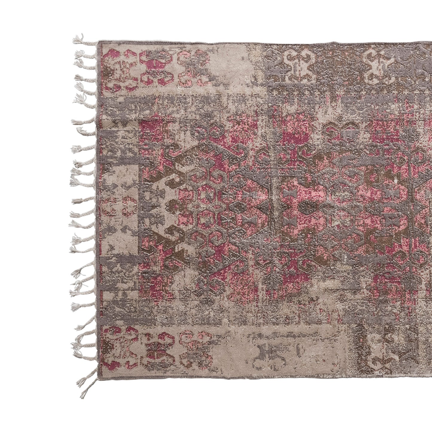 Woven Cotton Distressed Print Rug with Braided Fringe 4 x 6