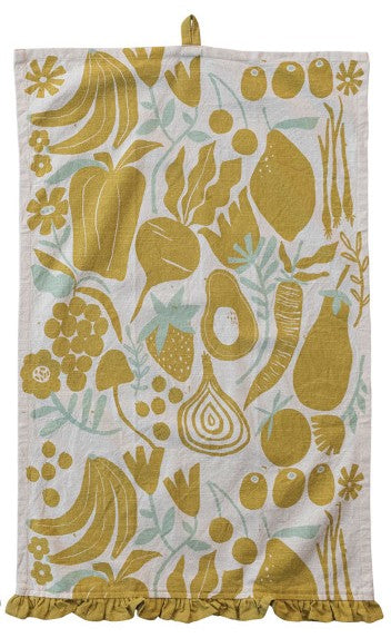 Cotton Printed Tea Towel w/ Fruit/Vegetables, Ruffle & Loop