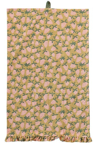 Cotton Printed Tea Towel w/ Fruit/Vegetables, Ruffle & Loop