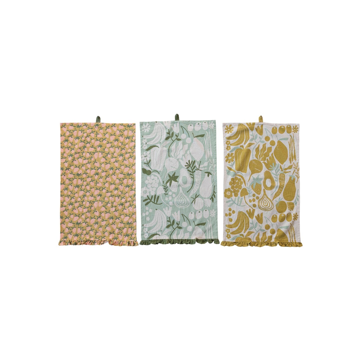 Cotton Printed Tea Towel w/ Fruit/Vegetables, Ruffle & Loop