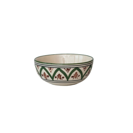 Hand-Painted Stoneware Bowl w/ Design, Cream Color, Brown & Green