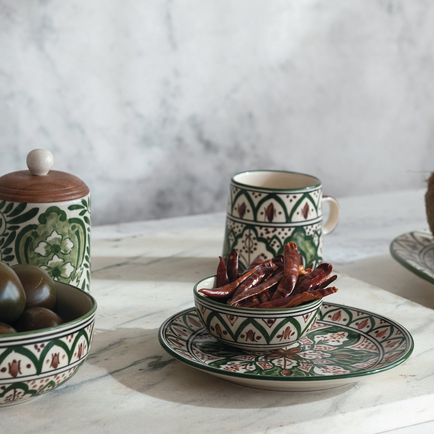 Hand-Painted Stoneware Bowl w/ Design, Cream Color, Brown & Green