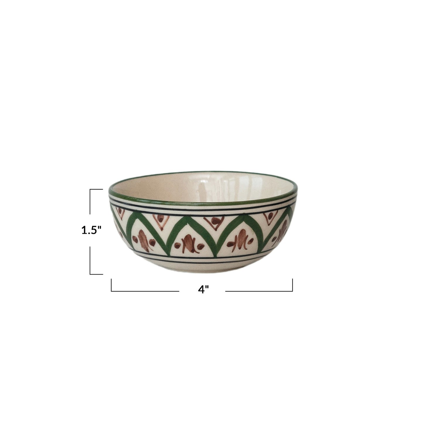 Hand-Painted Stoneware Bowl w/ Design, Cream Color, Brown & Green